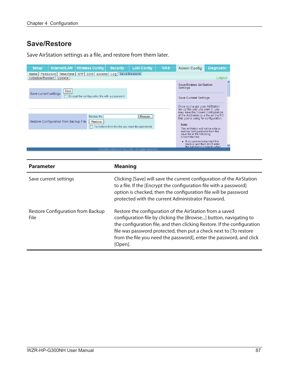 Save/restore | Buffalo Technology NFINITI WZR-HP-G300NH User Manual | Page 88 / 133