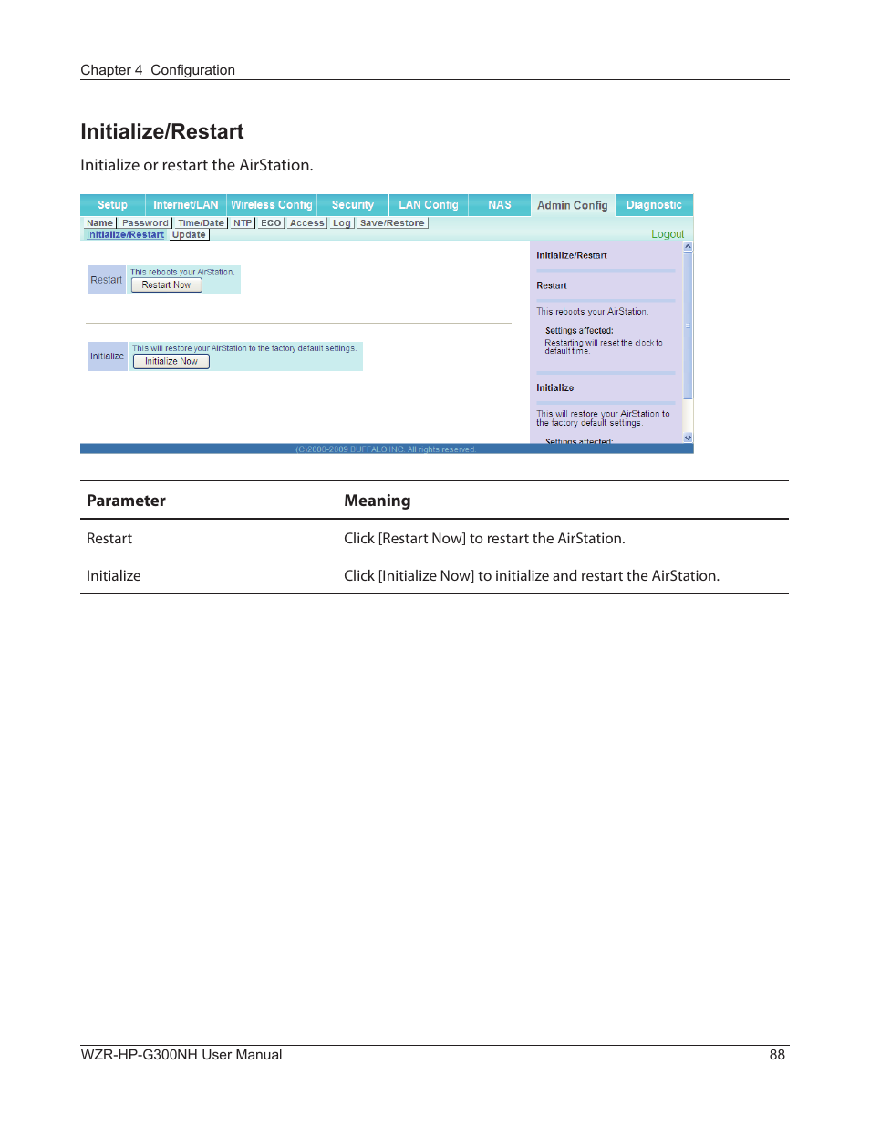 Initialize/restart | Buffalo Technology NFINITI WZR-HP-G300NH User Manual | Page 89 / 133