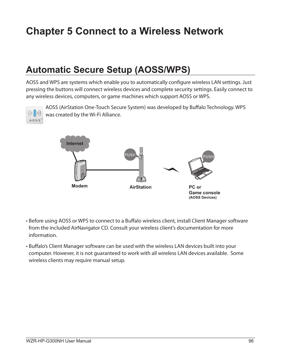 Chapter 5 connect to a wireless network, Automatic secure setup (aoss/wps) | Buffalo Technology NFINITI WZR-HP-G300NH User Manual | Page 97 / 133
