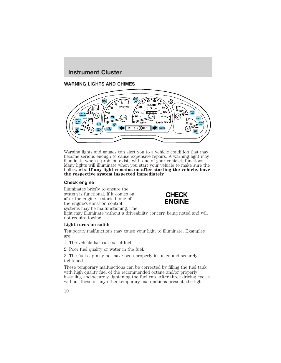 Check engine, Instrument cluster | FORD 2002 Ranger v.3 User Manual | Page 10 / 296