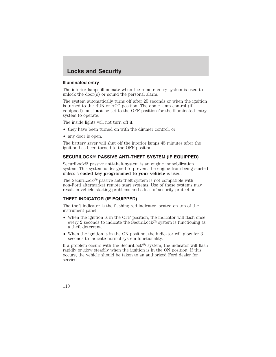 Locks and security | FORD 2002 Ranger v.3 User Manual | Page 110 / 296