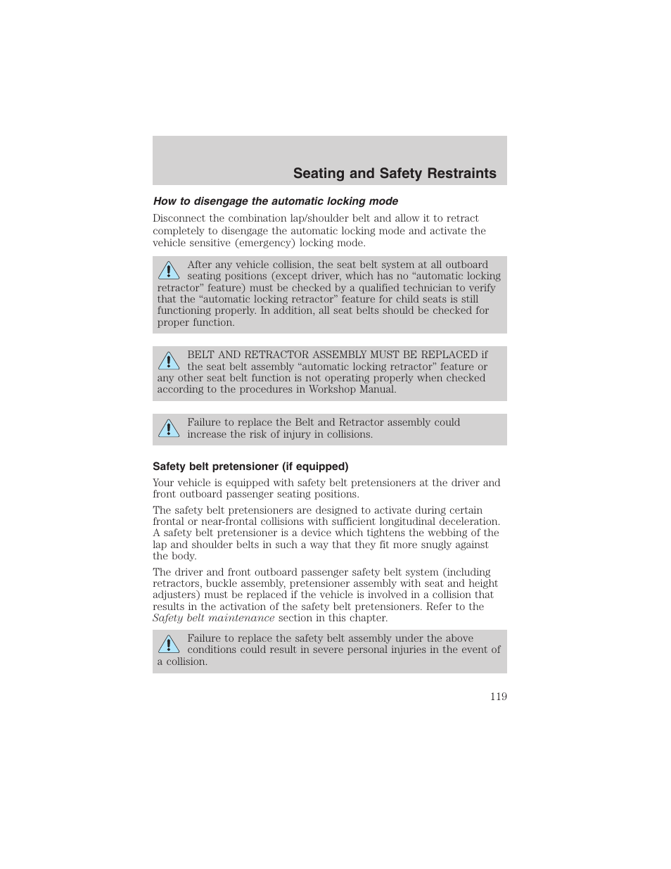 Seating and safety restraints | FORD 2002 Ranger v.3 User Manual | Page 119 / 296