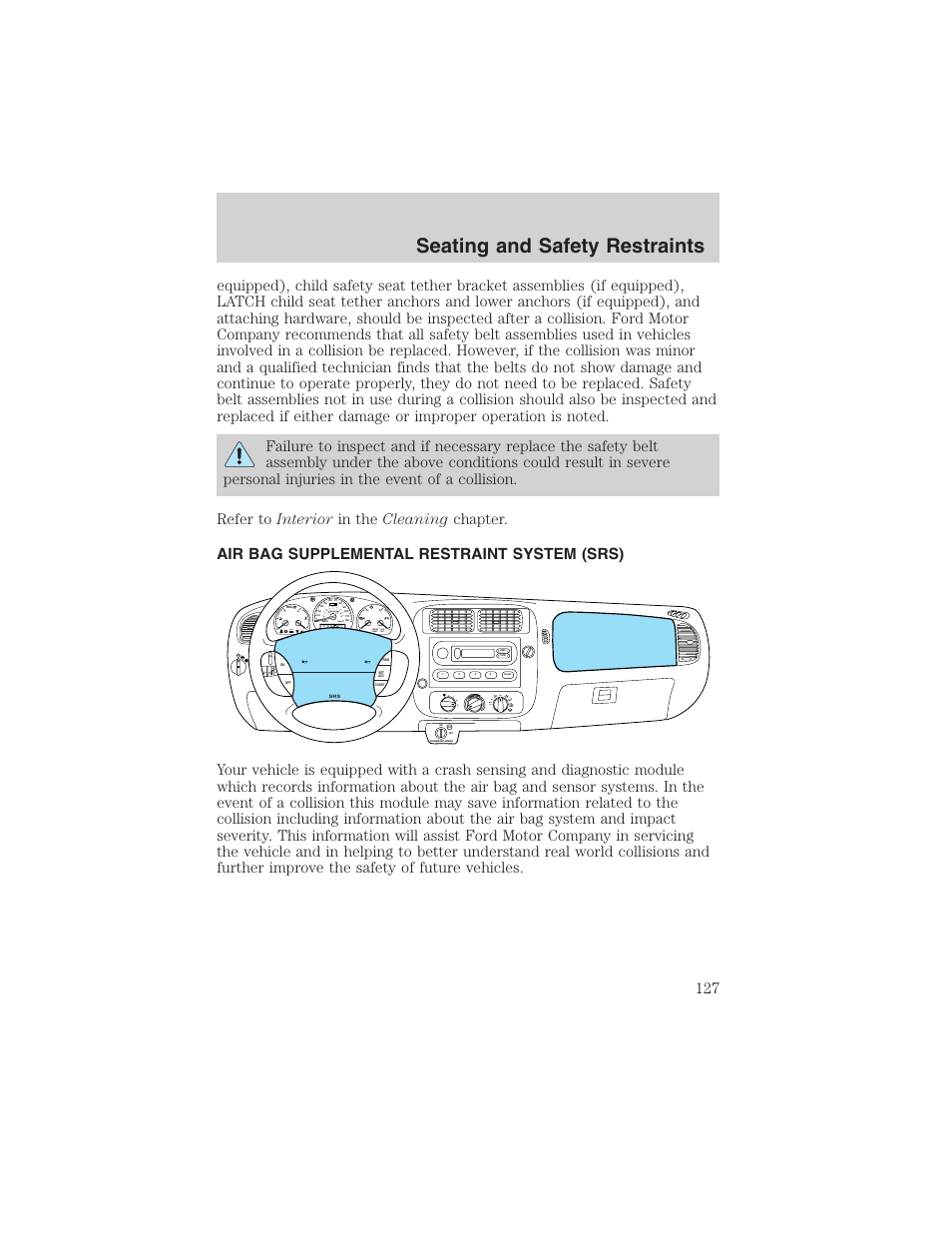 Seating and safety restraints, Abs check engine, P brake | Speed cont o/d off, Am-fm | FORD 2002 Ranger v.3 User Manual | Page 127 / 296