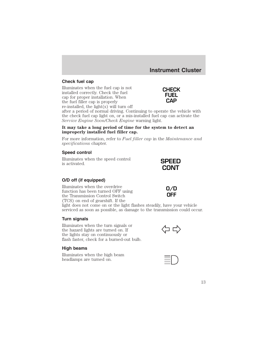 Speed cont, Instrument cluster | FORD 2002 Ranger v.3 User Manual | Page 13 / 296
