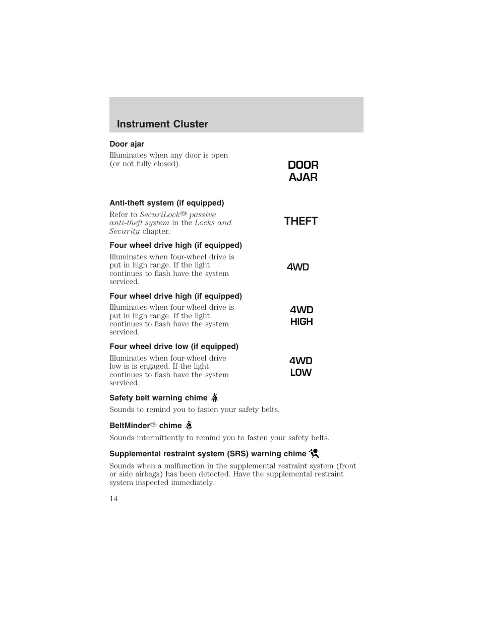 Door ajar, Instrument cluster | FORD 2002 Ranger v.3 User Manual | Page 14 / 296