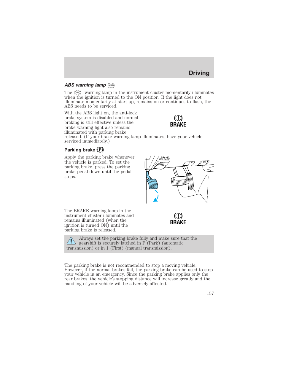 Driving, Brake | FORD 2002 Ranger v.3 User Manual | Page 157 / 296