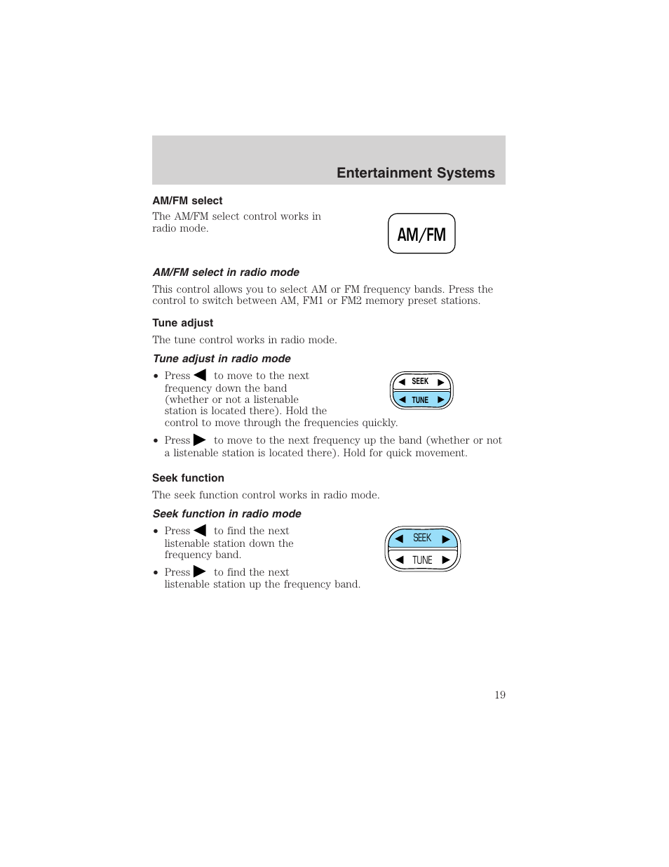 Am/fm, Entertainment systems | FORD 2002 Ranger v.3 User Manual | Page 19 / 296