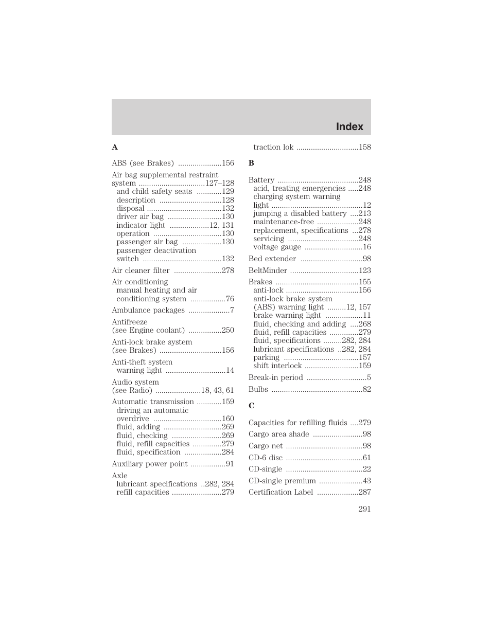 Index | FORD 2002 Ranger v.3 User Manual | Page 291 / 296