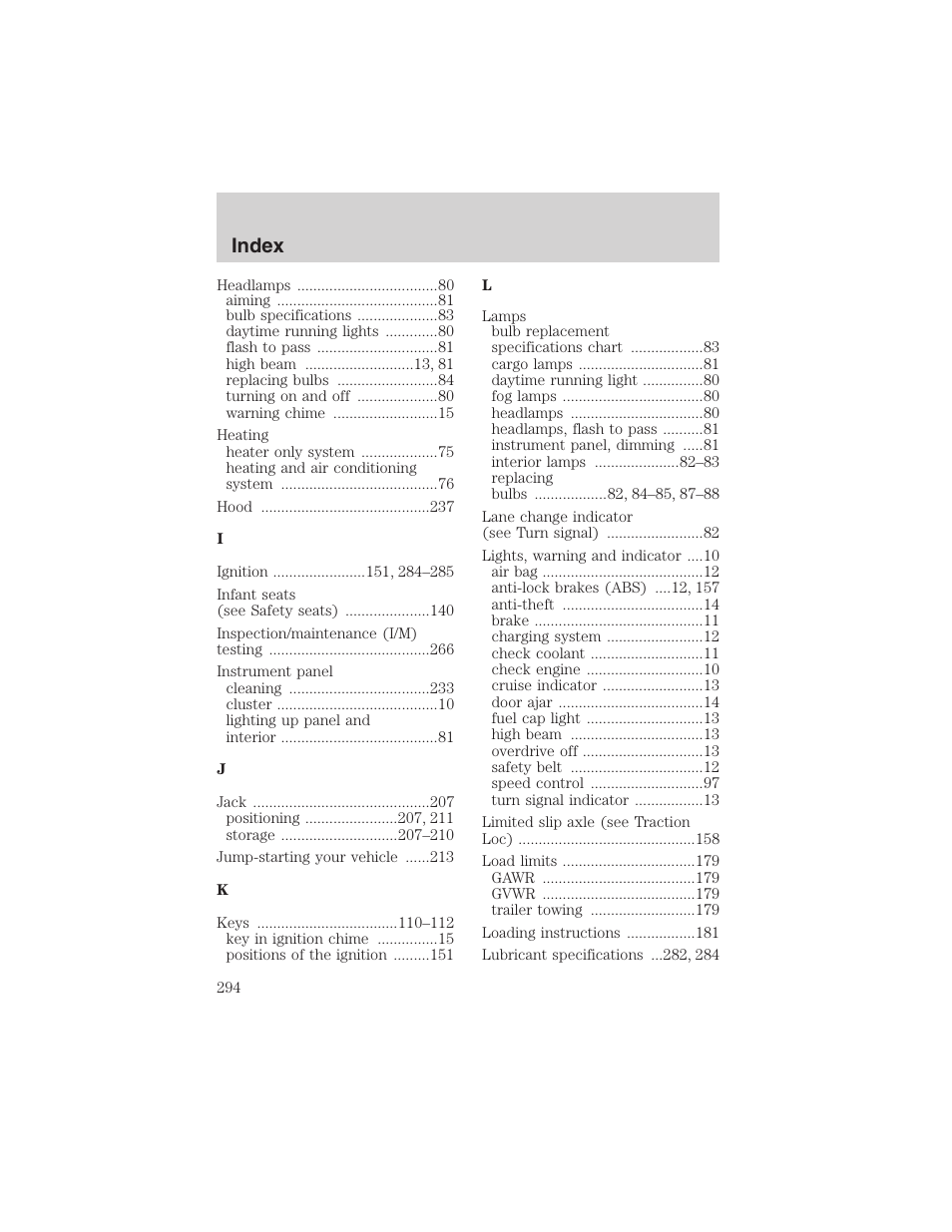 Index | FORD 2002 Ranger v.3 User Manual | Page 294 / 296