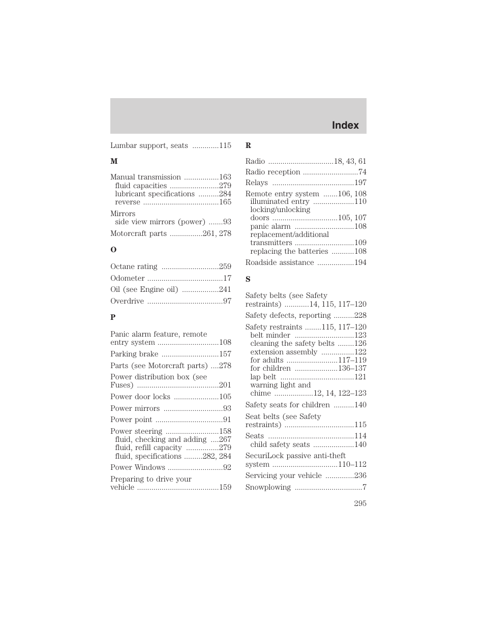 Index | FORD 2002 Ranger v.3 User Manual | Page 295 / 296