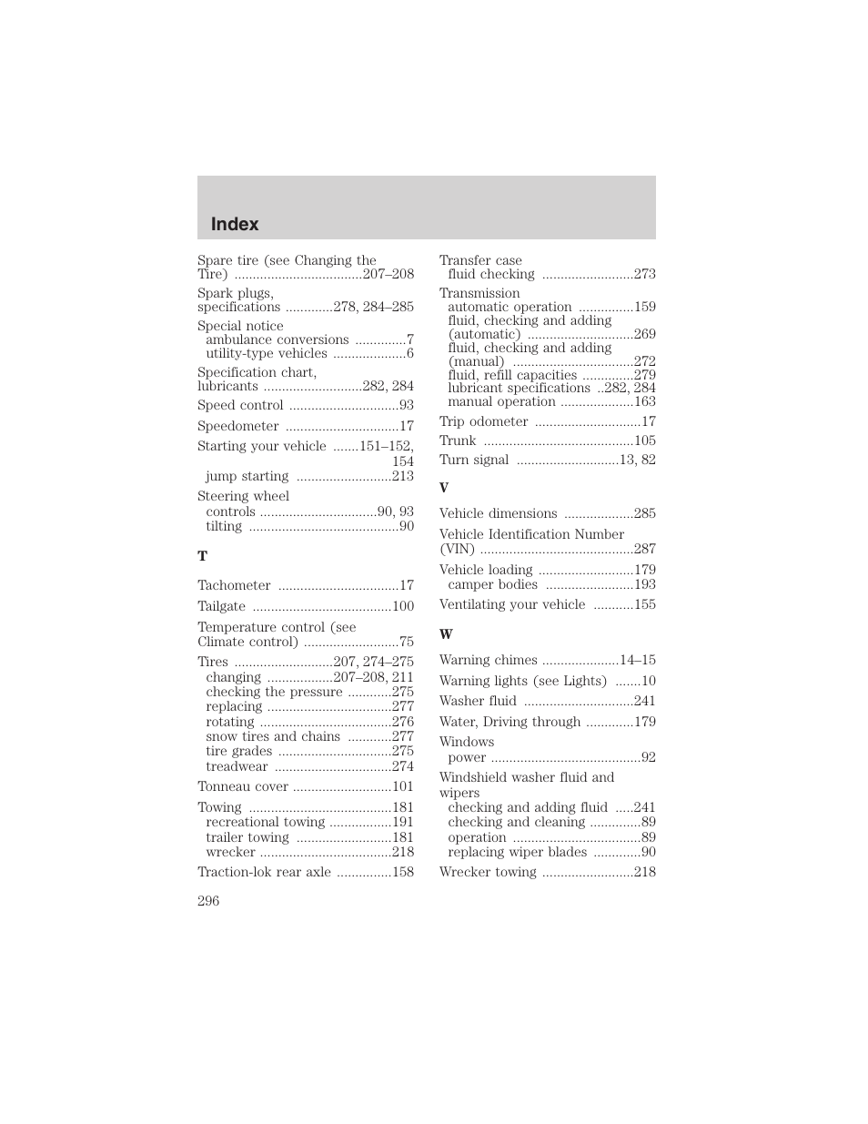 Index | FORD 2002 Ranger v.3 User Manual | Page 296 / 296