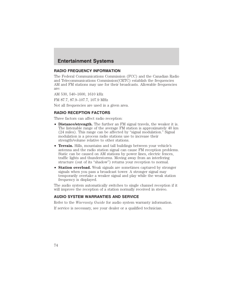 Entertainment systems | FORD 2002 Ranger v.3 User Manual | Page 74 / 296