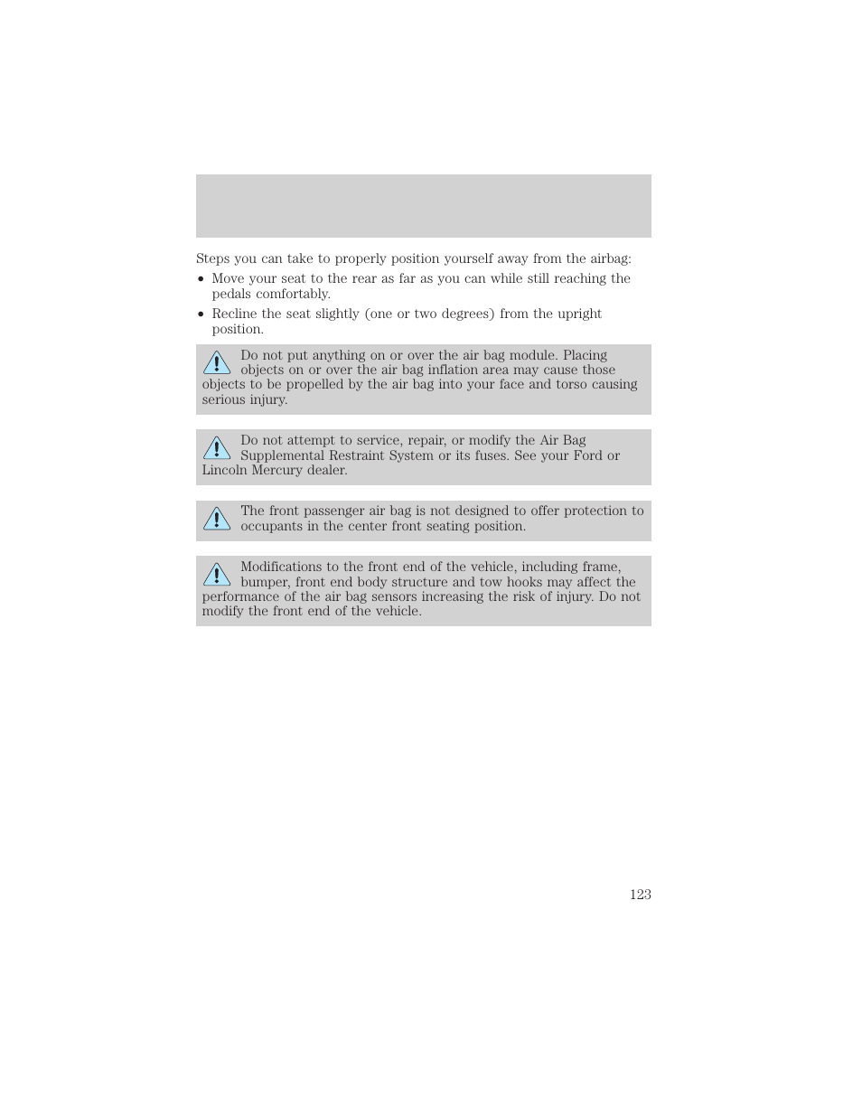 Seating and safety restraints | FORD 2002 Taurus v.1 User Manual | Page 123 / 248