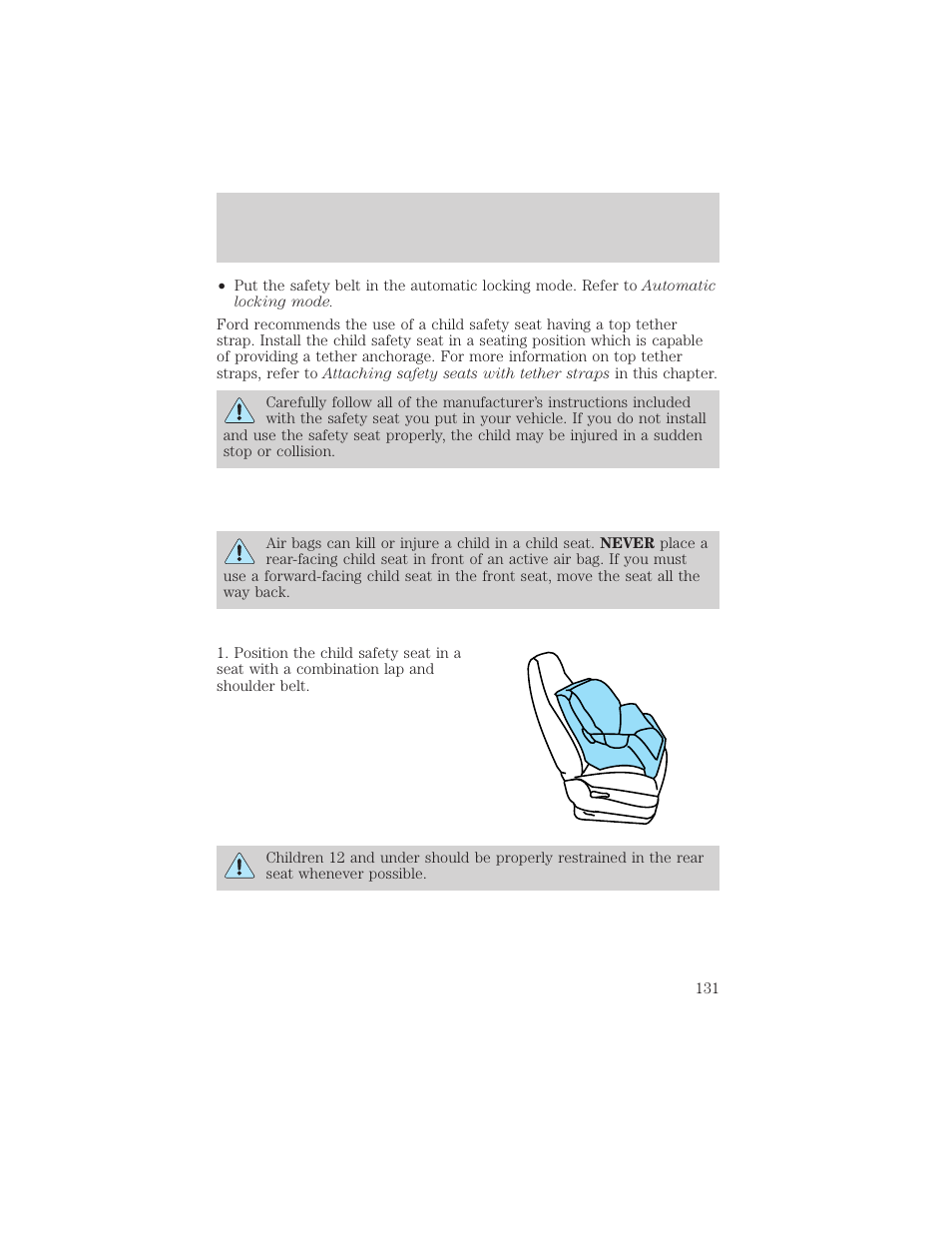 Seating and safety restraints | FORD 2002 Taurus v.1 User Manual | Page 131 / 248