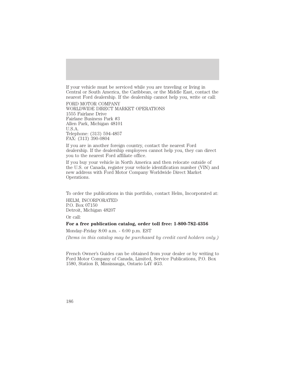 Customer assistance | FORD 2002 Taurus v.1 User Manual | Page 186 / 248