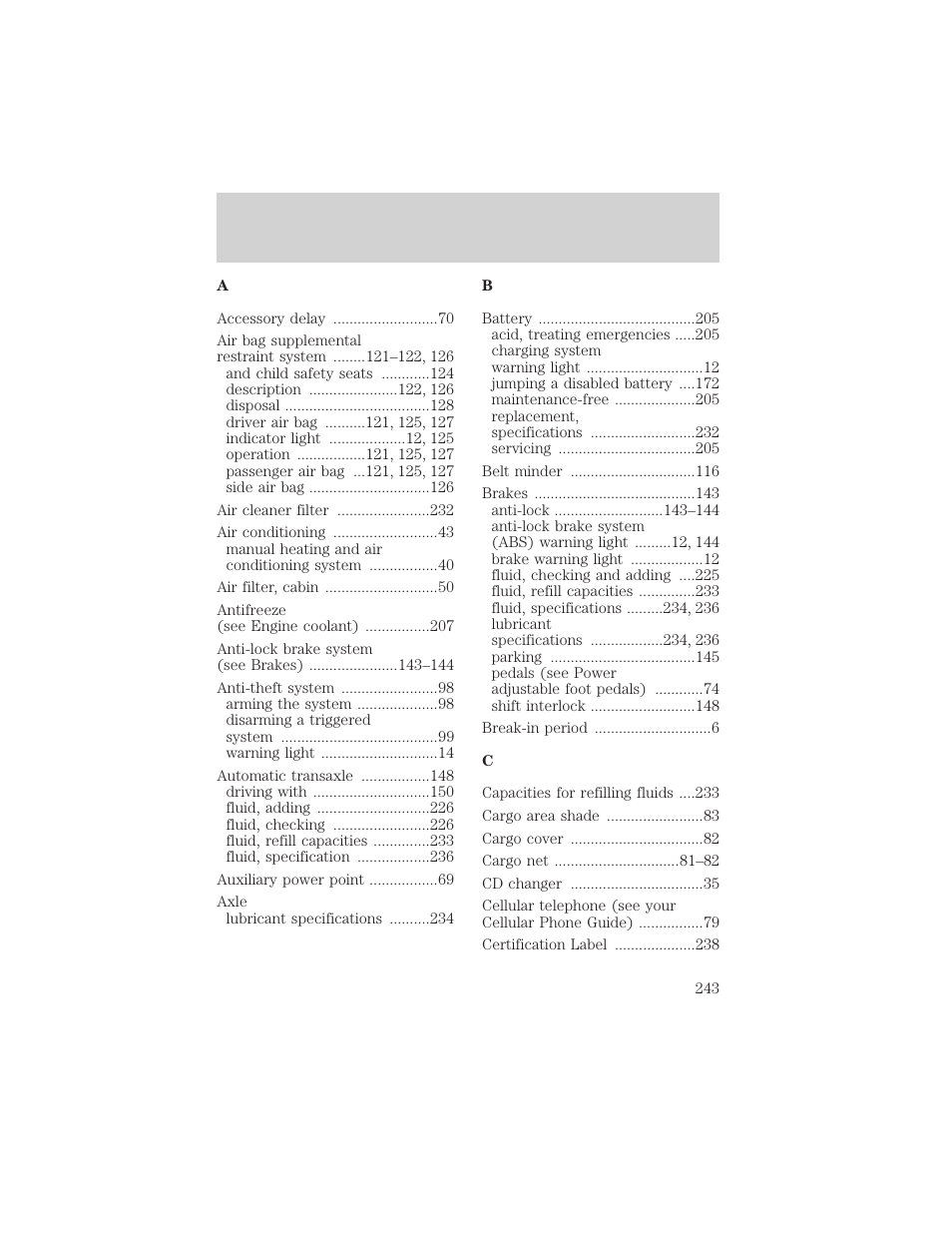 Index | FORD 2002 Taurus v.1 User Manual | Page 243 / 248