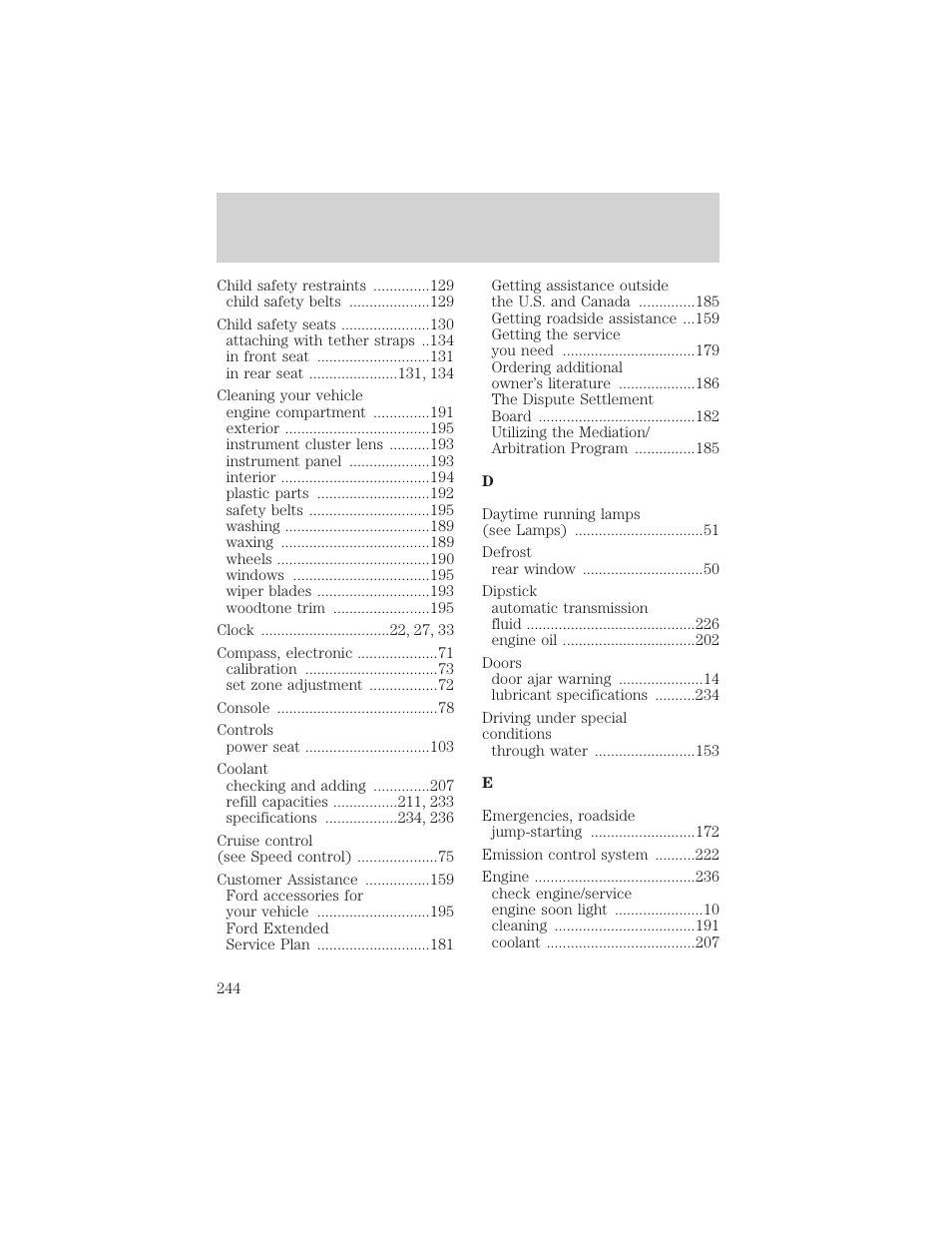 Index | FORD 2002 Taurus v.1 User Manual | Page 244 / 248