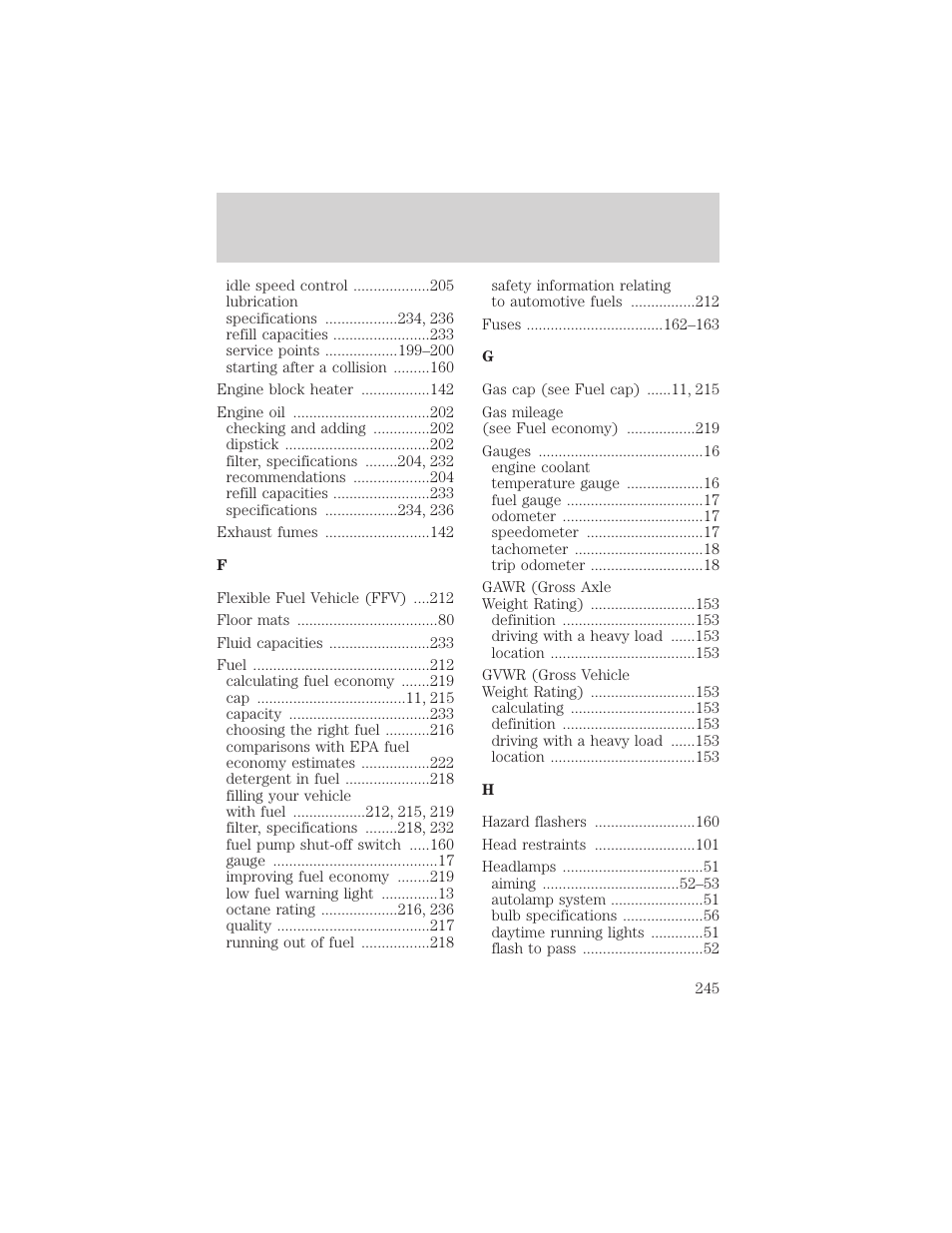 Index | FORD 2002 Taurus v.1 User Manual | Page 245 / 248