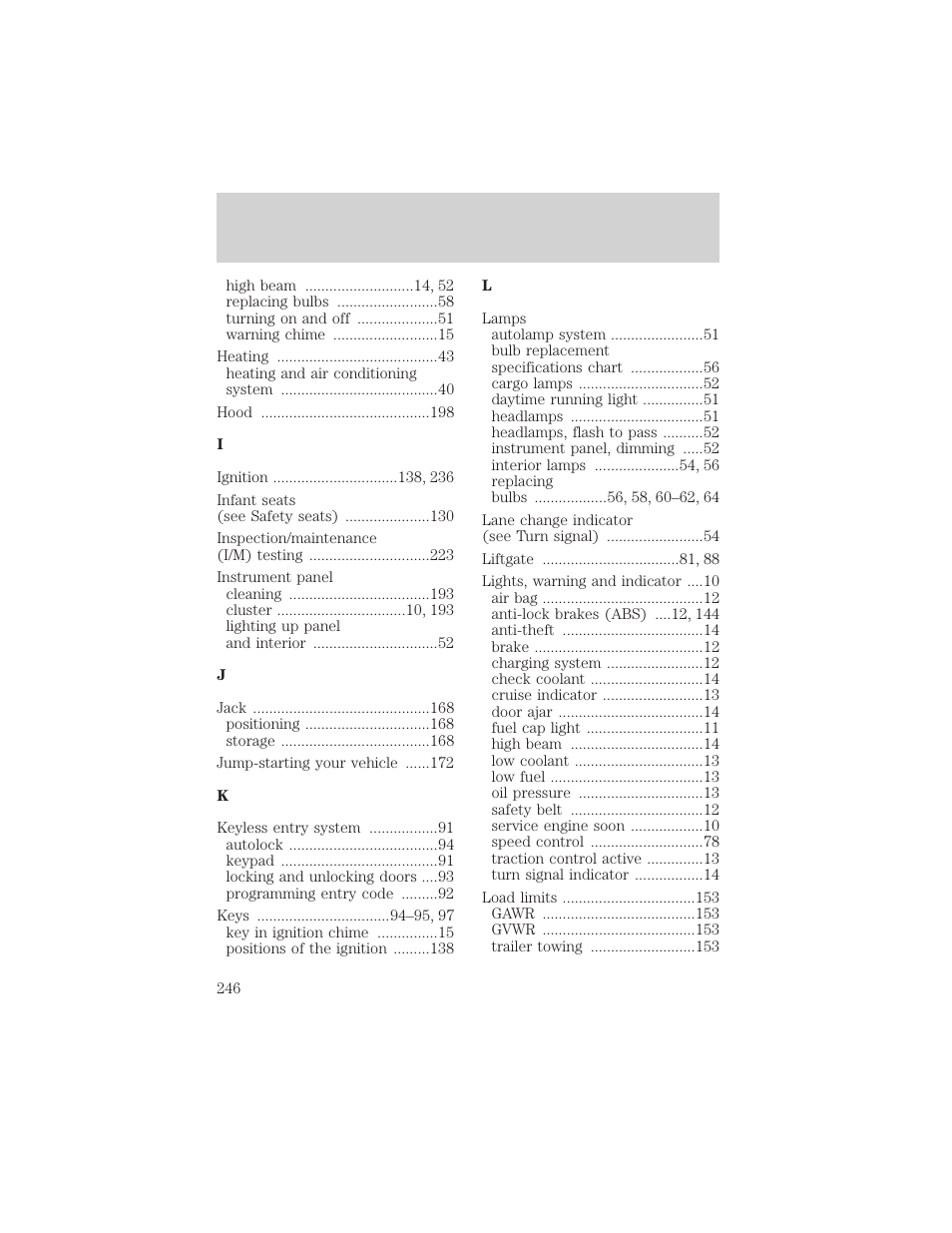 Index | FORD 2002 Taurus v.1 User Manual | Page 246 / 248