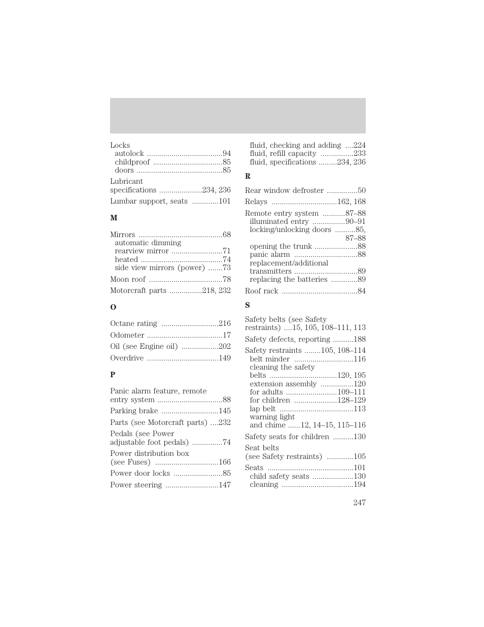Index | FORD 2002 Taurus v.1 User Manual | Page 247 / 248