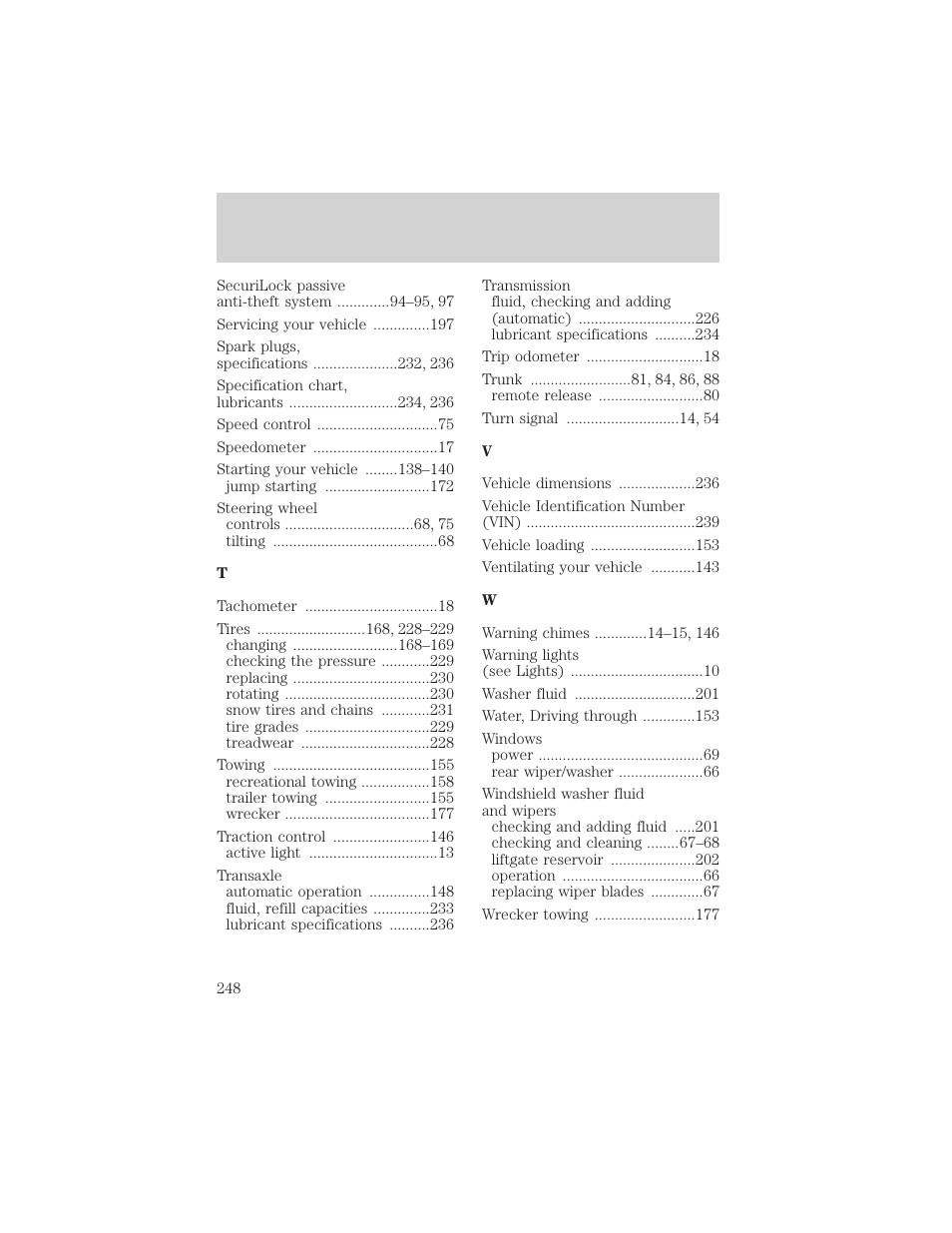 Index | FORD 2002 Taurus v.1 User Manual | Page 248 / 248