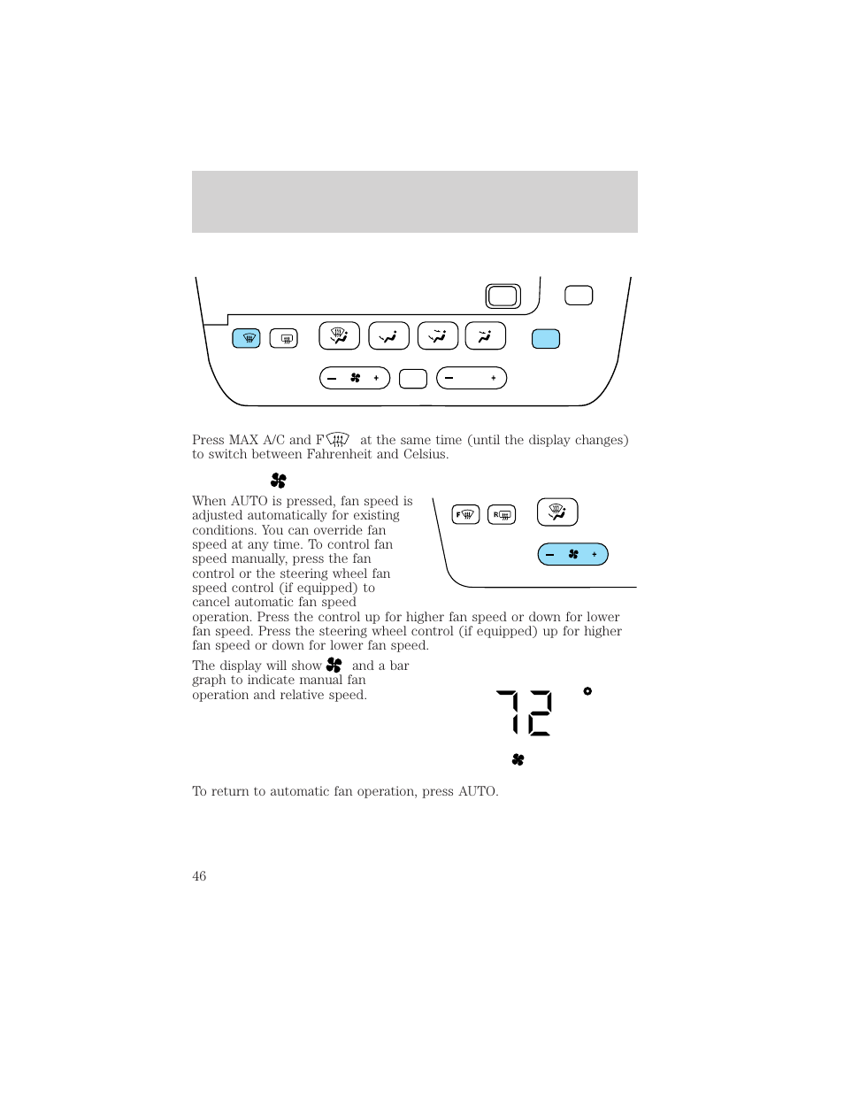 Auto fan, Climate controls | FORD 2002 Taurus v.1 User Manual | Page 46 / 248