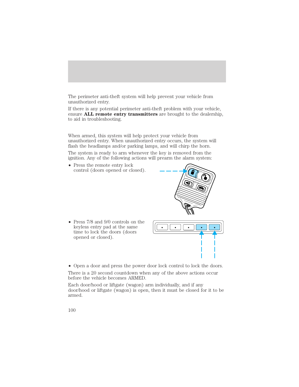 Locks and security | FORD 2002 Taurus v.2 User Manual | Page 100 / 256