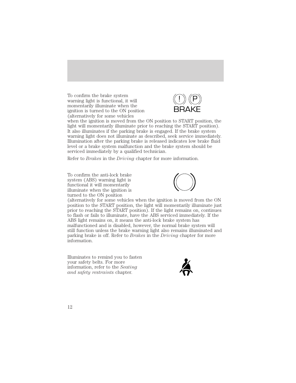 P! brake abs | FORD 2002 Taurus v.2 User Manual | Page 12 / 256