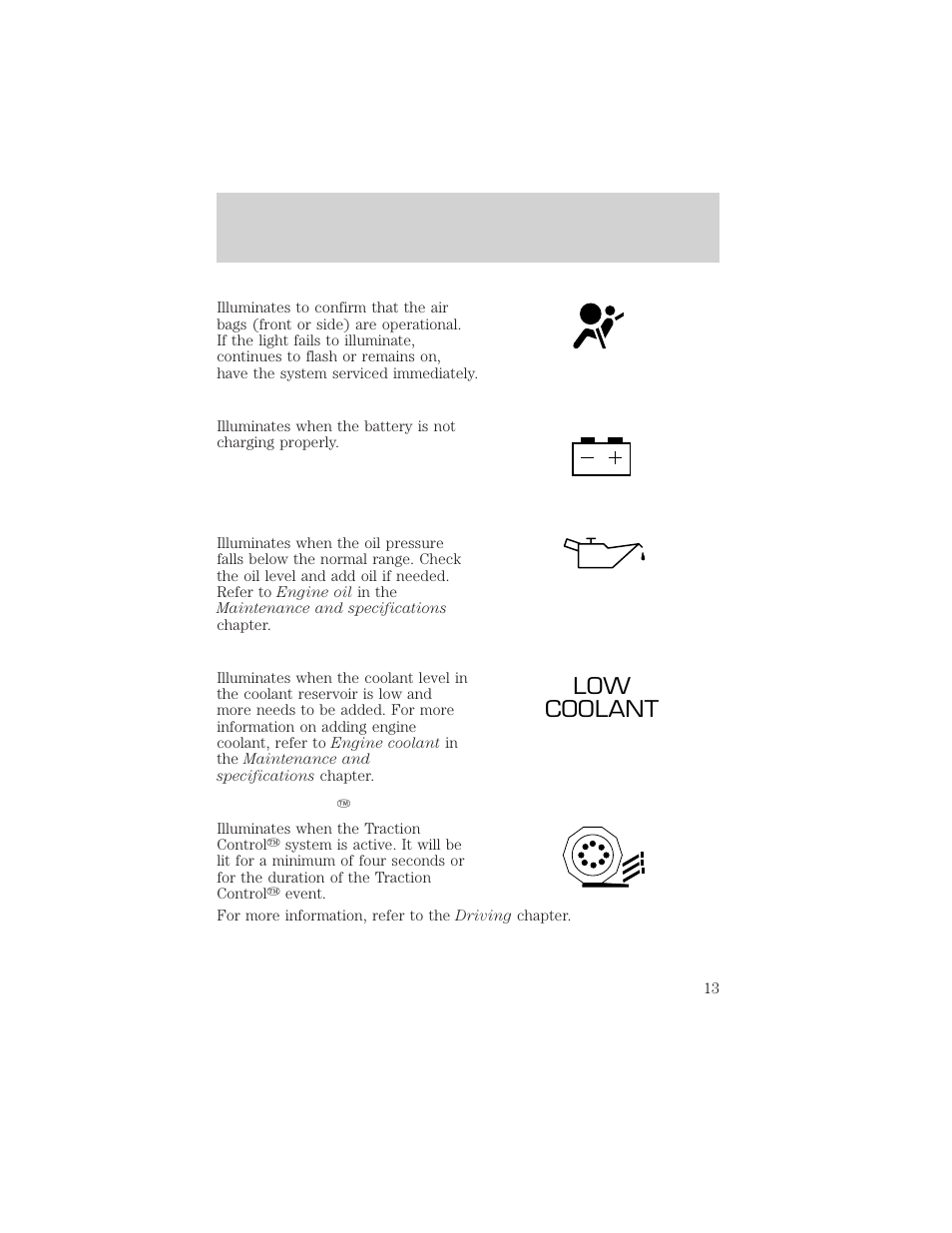 Low coolant, Instrument cluster | FORD 2002 Taurus v.2 User Manual | Page 13 / 256