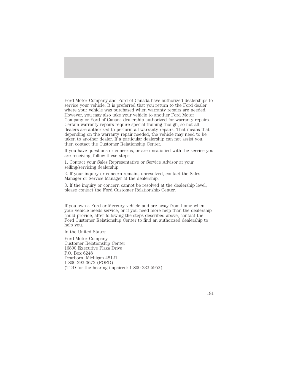 Customer assistance | FORD 2002 Taurus v.2 User Manual | Page 181 / 256