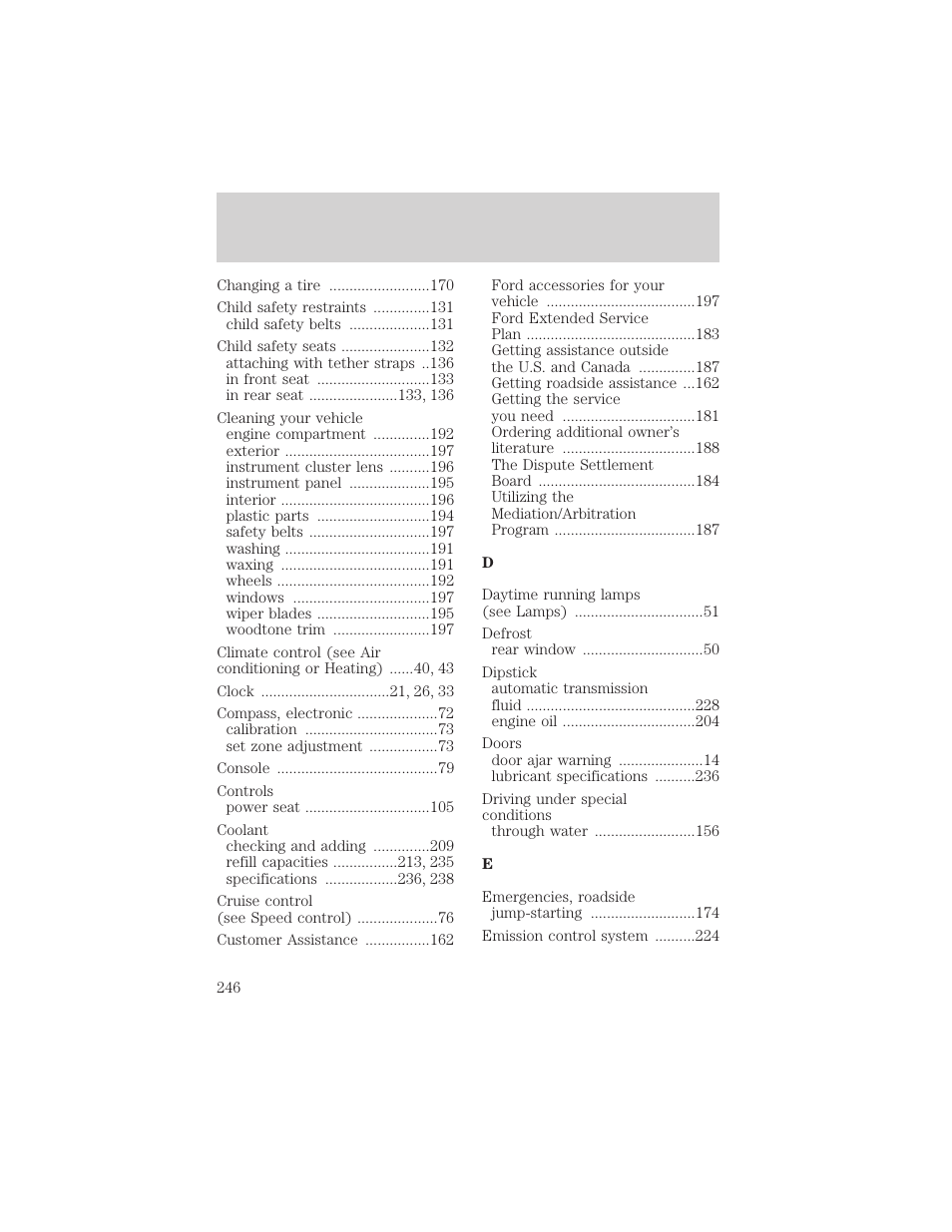 Index | FORD 2002 Taurus v.2 User Manual | Page 246 / 256