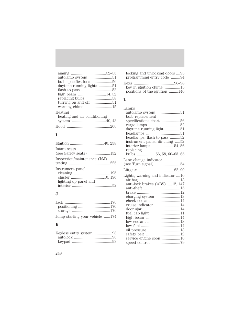 Index | FORD 2002 Taurus v.2 User Manual | Page 248 / 256