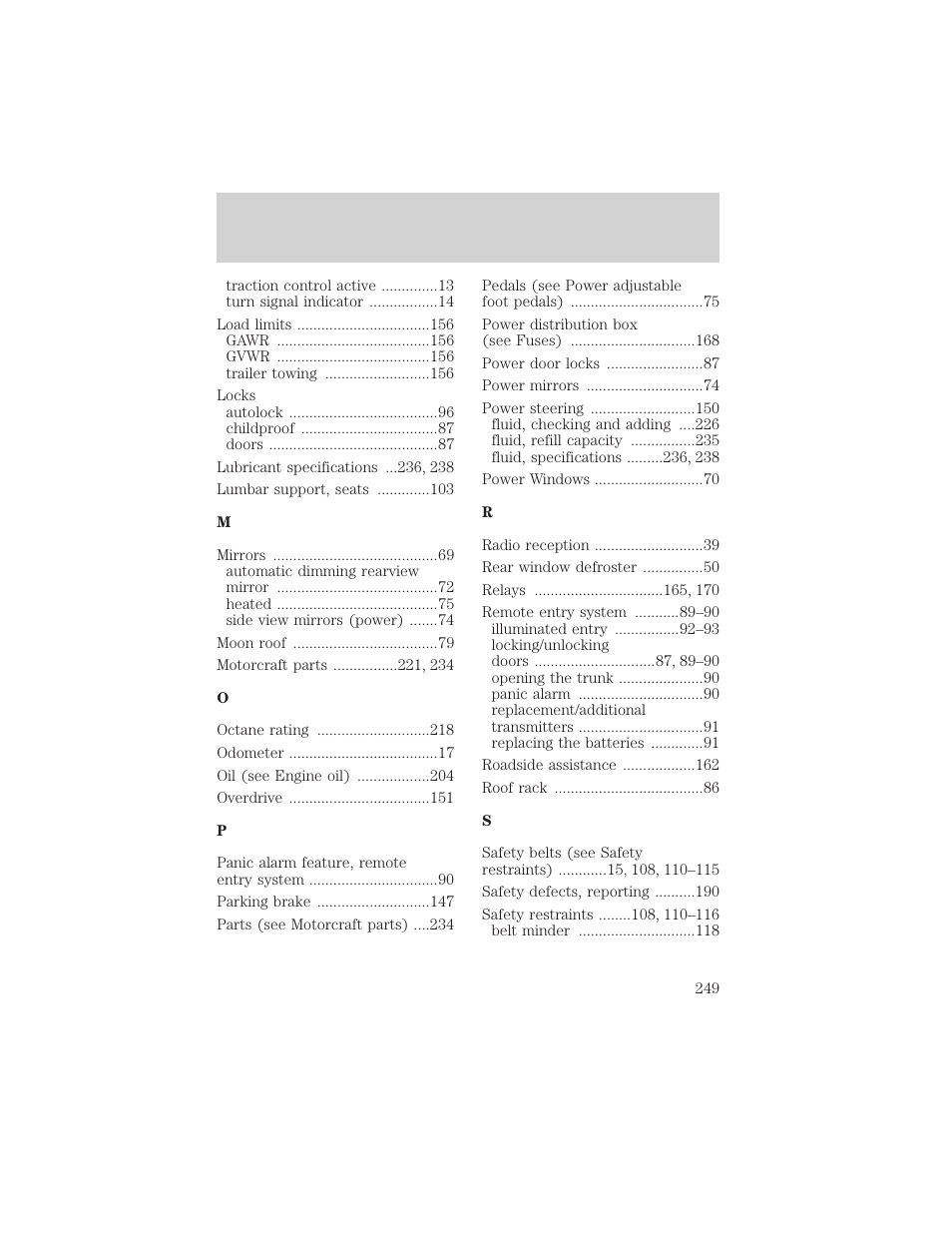 Index | FORD 2002 Taurus v.2 User Manual | Page 249 / 256