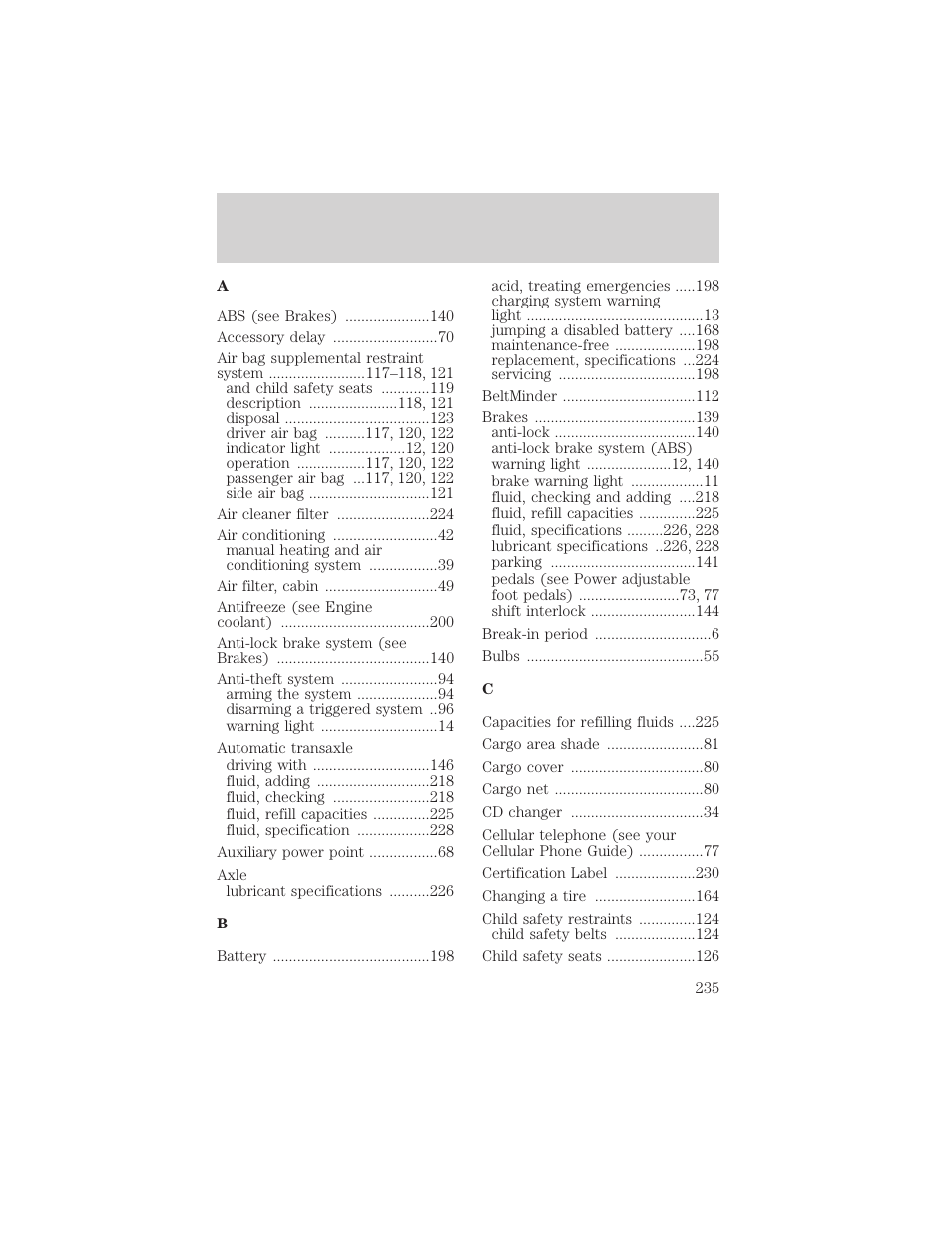 Index | FORD 2002 Taurus v.3 User Manual | Page 235 / 240