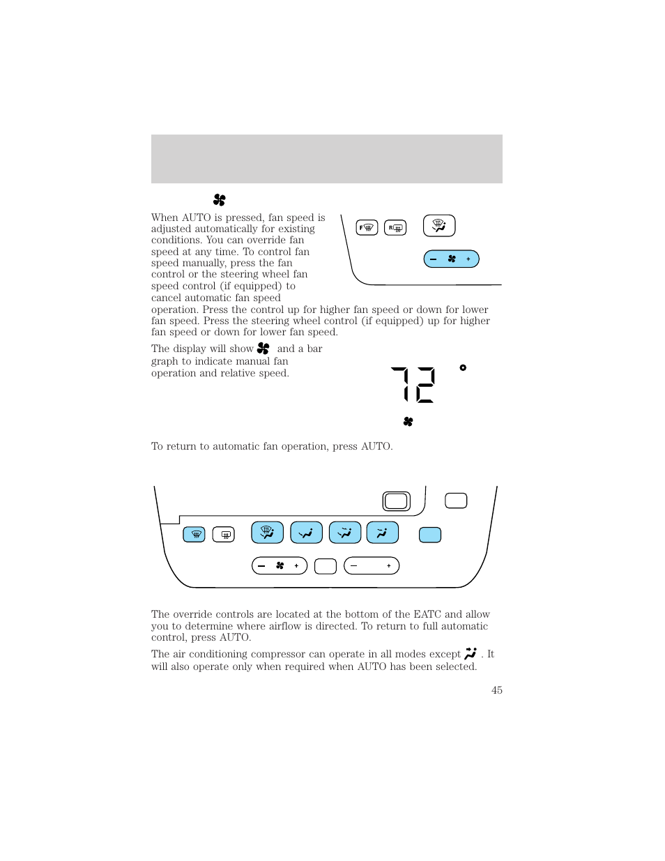 Auto fan, Climate controls | FORD 2002 Taurus v.3 User Manual | Page 45 / 240