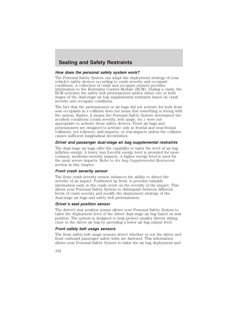 Seating and safety restraints | FORD 2002 Taurus v.4 User Manual | Page 102 / 240