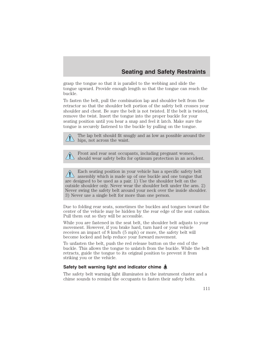 Seating and safety restraints | FORD 2002 Taurus v.4 User Manual | Page 111 / 240