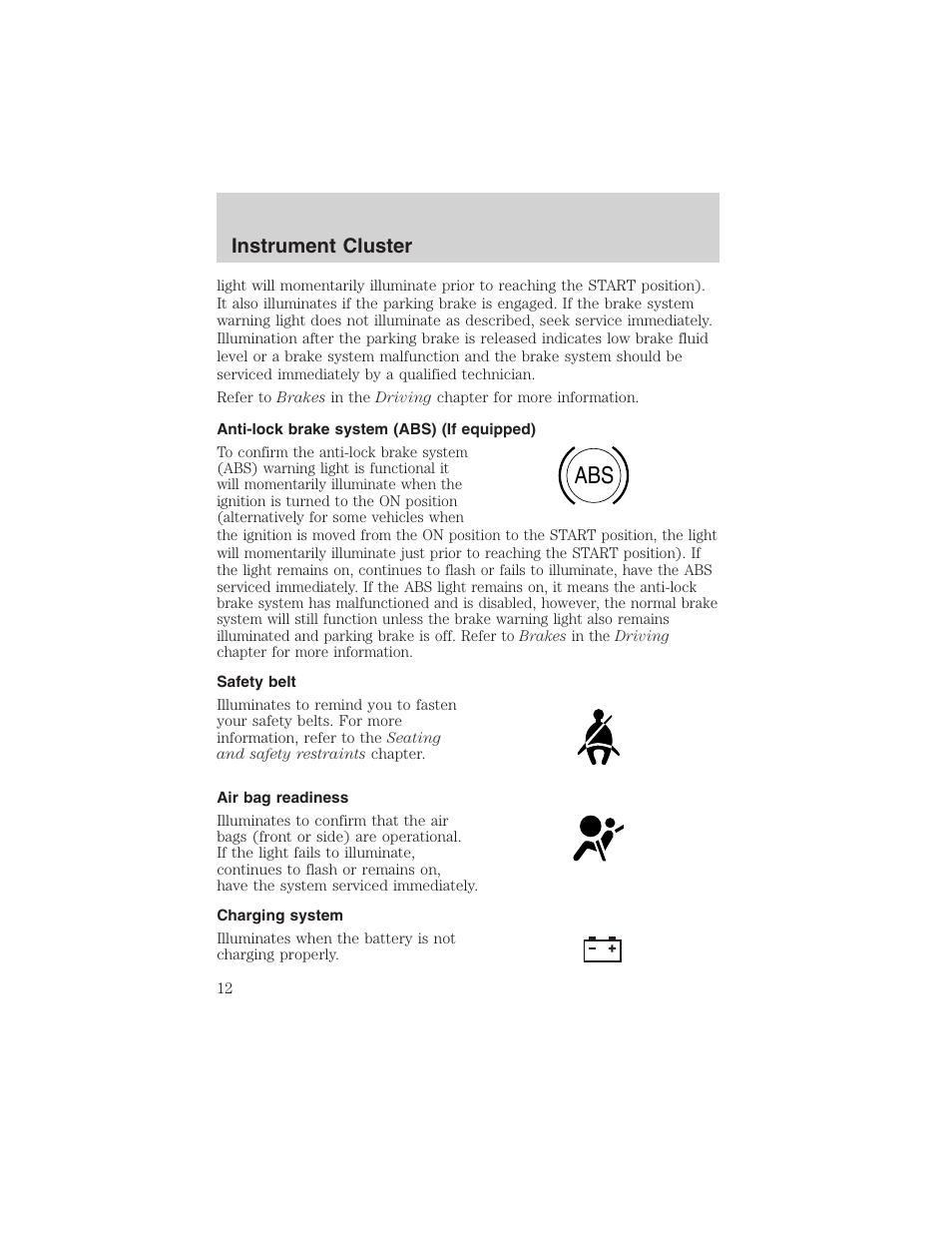 Instrument cluster | FORD 2002 Taurus v.4 User Manual | Page 12 / 240