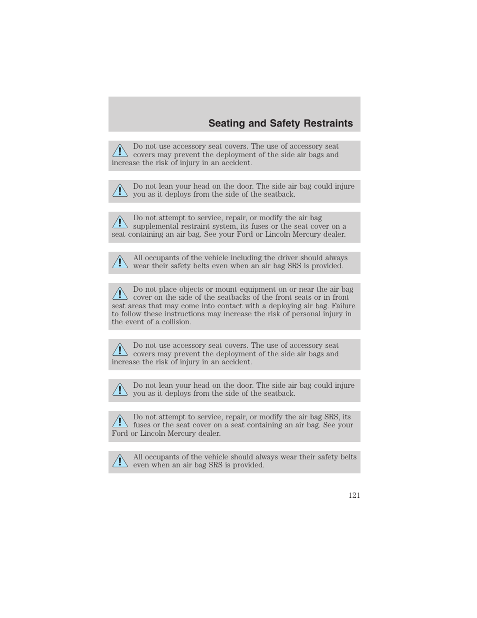 Seating and safety restraints | FORD 2002 Taurus v.4 User Manual | Page 121 / 240