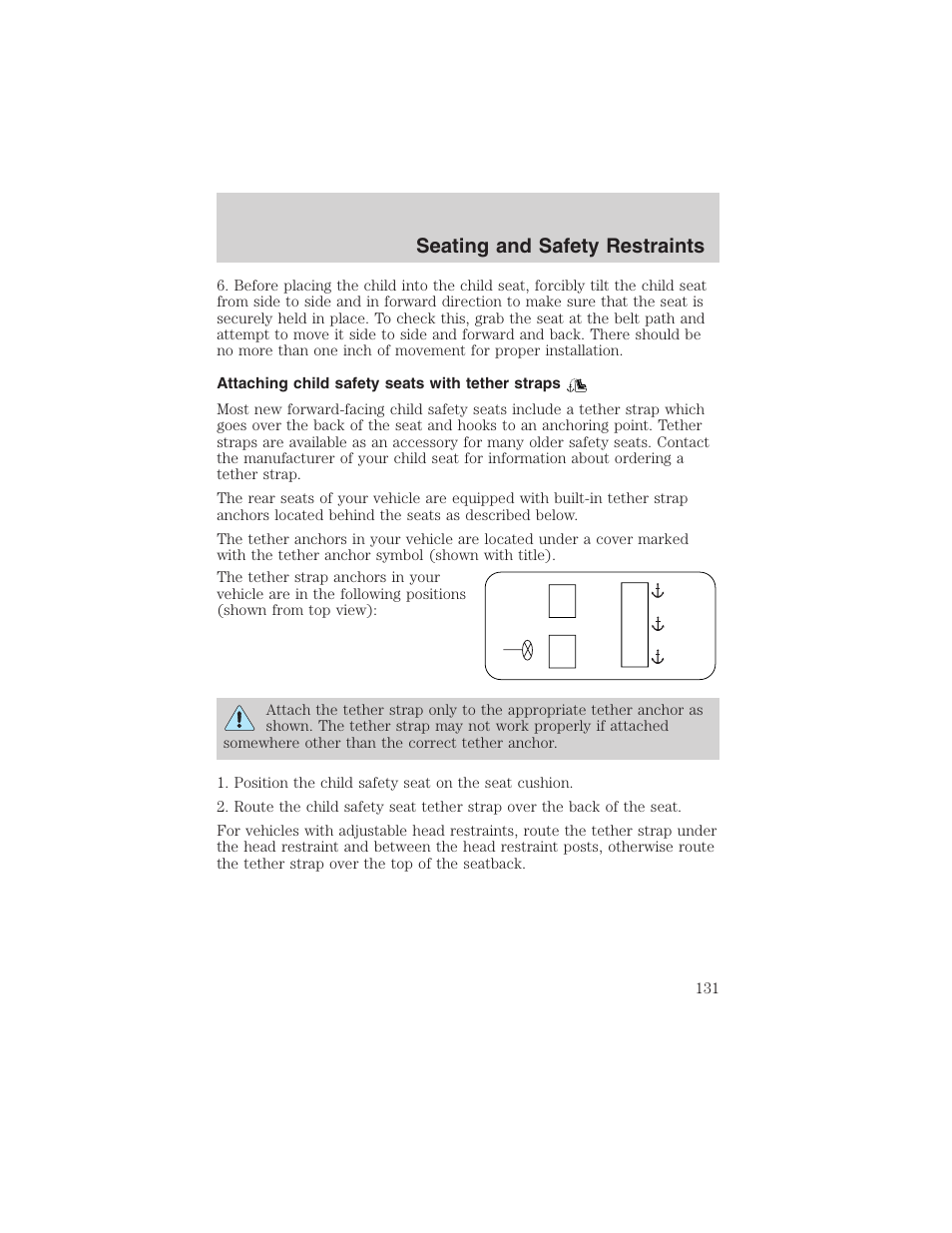 Seating and safety restraints | FORD 2002 Taurus v.4 User Manual | Page 131 / 240