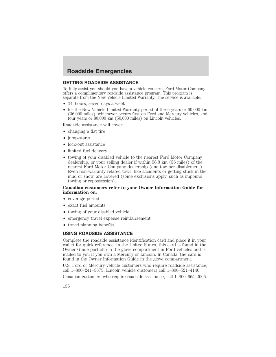 Roadside emergencies | FORD 2002 Taurus v.4 User Manual | Page 156 / 240