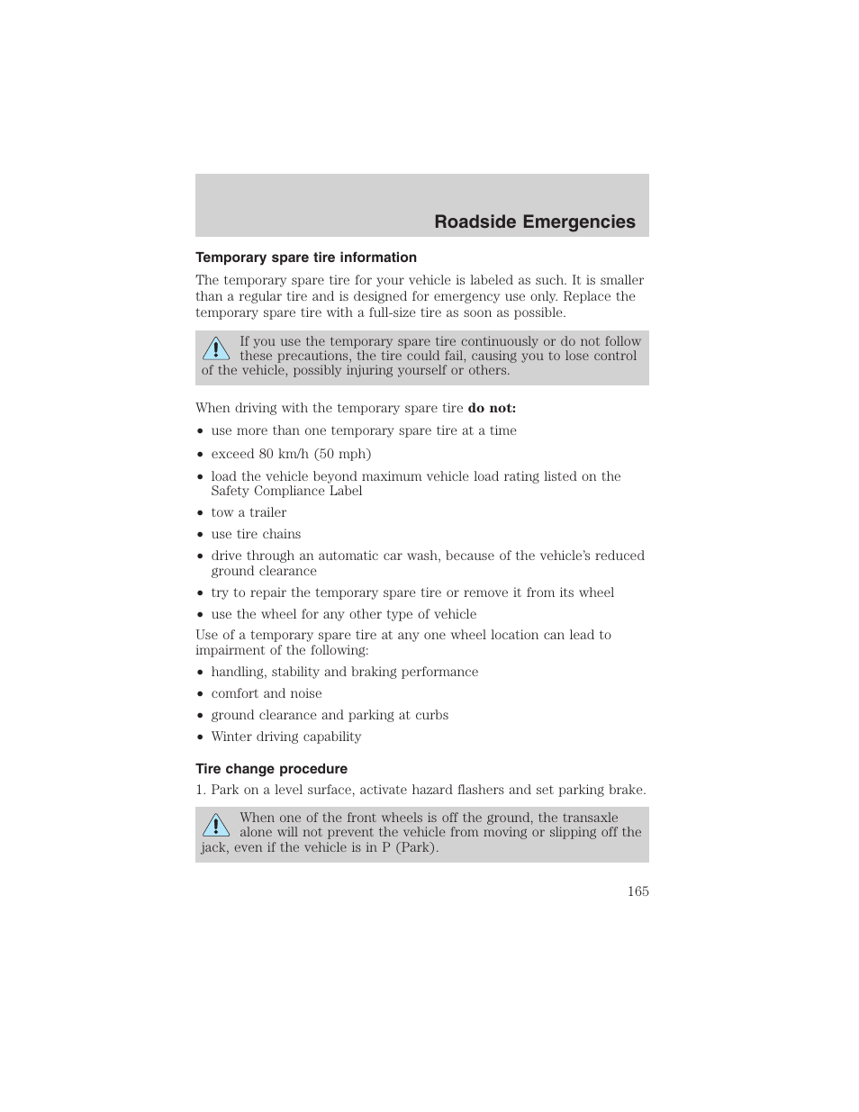 Roadside emergencies | FORD 2002 Taurus v.4 User Manual | Page 165 / 240