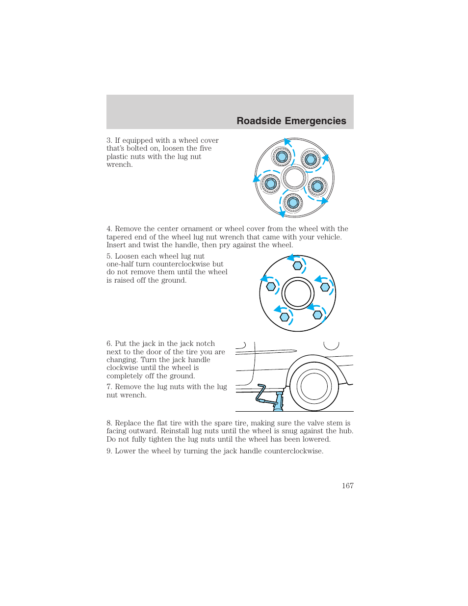 Roadside emergencies | FORD 2002 Taurus v.4 User Manual | Page 167 / 240