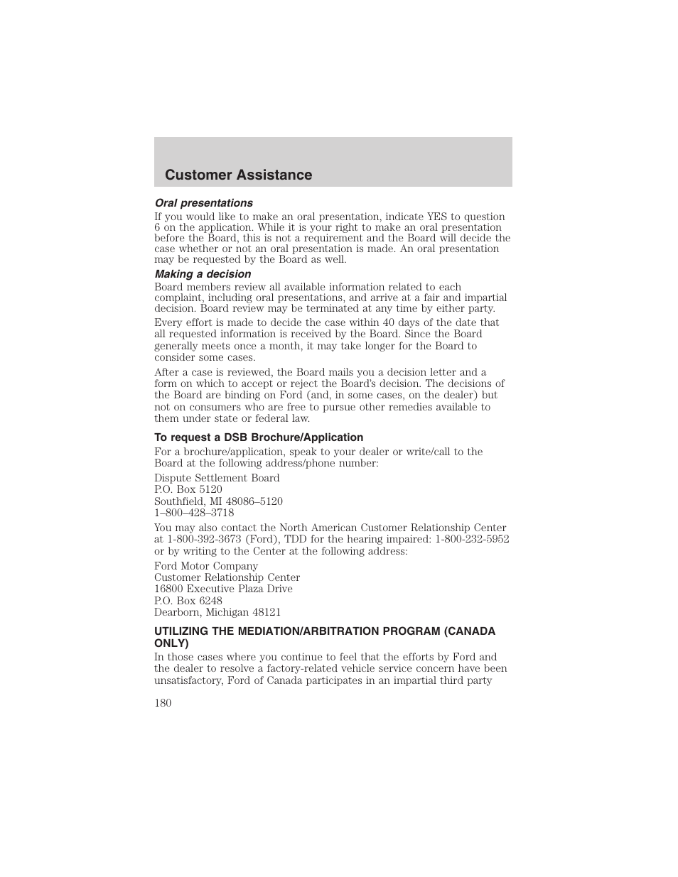 Customer assistance | FORD 2002 Taurus v.4 User Manual | Page 180 / 240