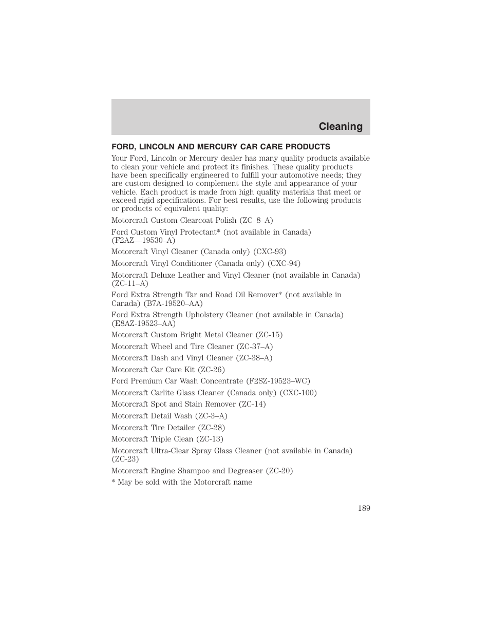Cleaning | FORD 2002 Taurus v.4 User Manual | Page 189 / 240