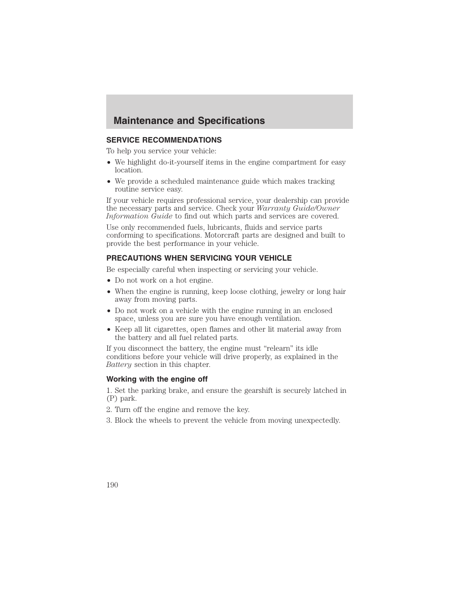 Maintenance and specifications | FORD 2002 Taurus v.4 User Manual | Page 190 / 240