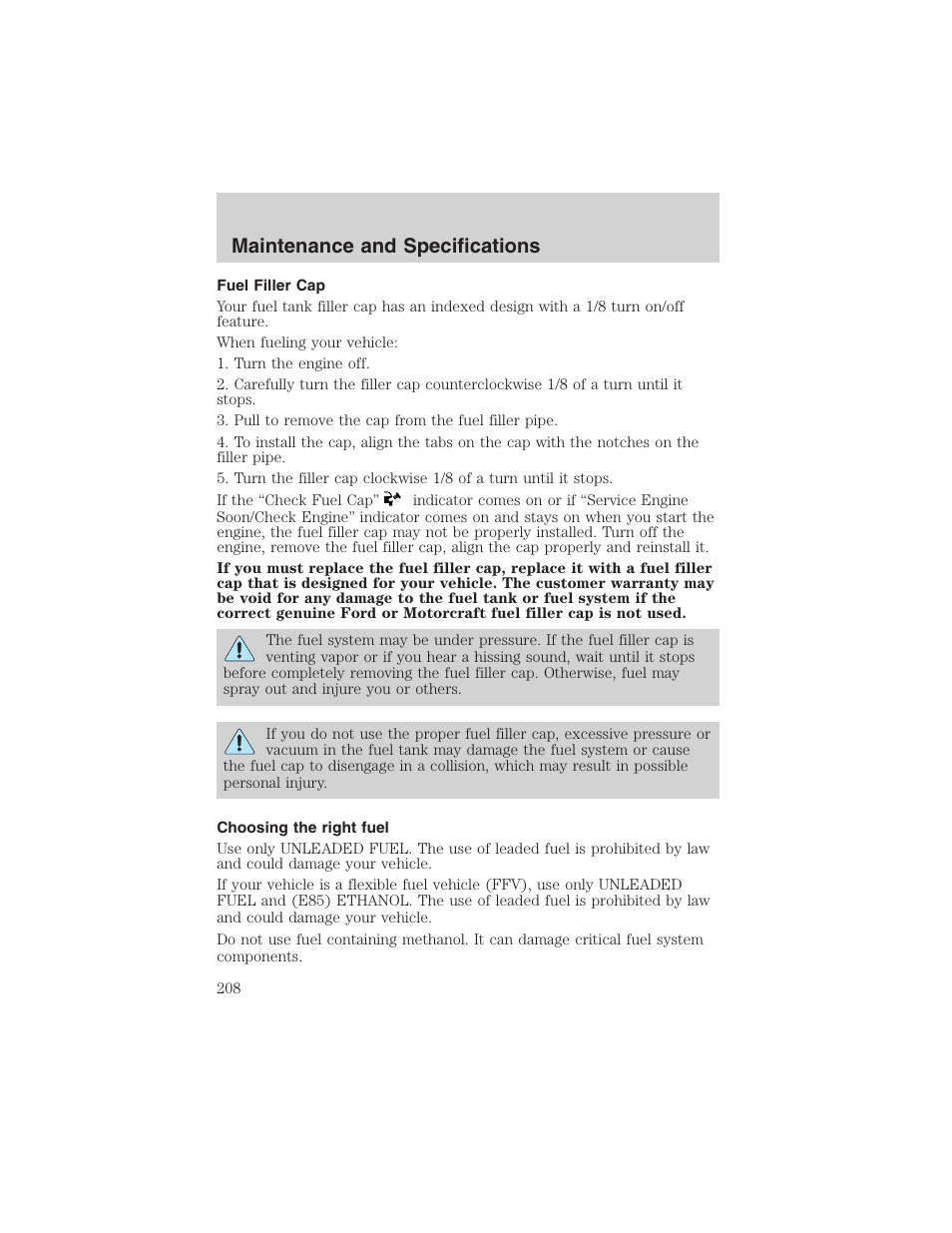 Maintenance and specifications | FORD 2002 Taurus v.4 User Manual | Page 208 / 240