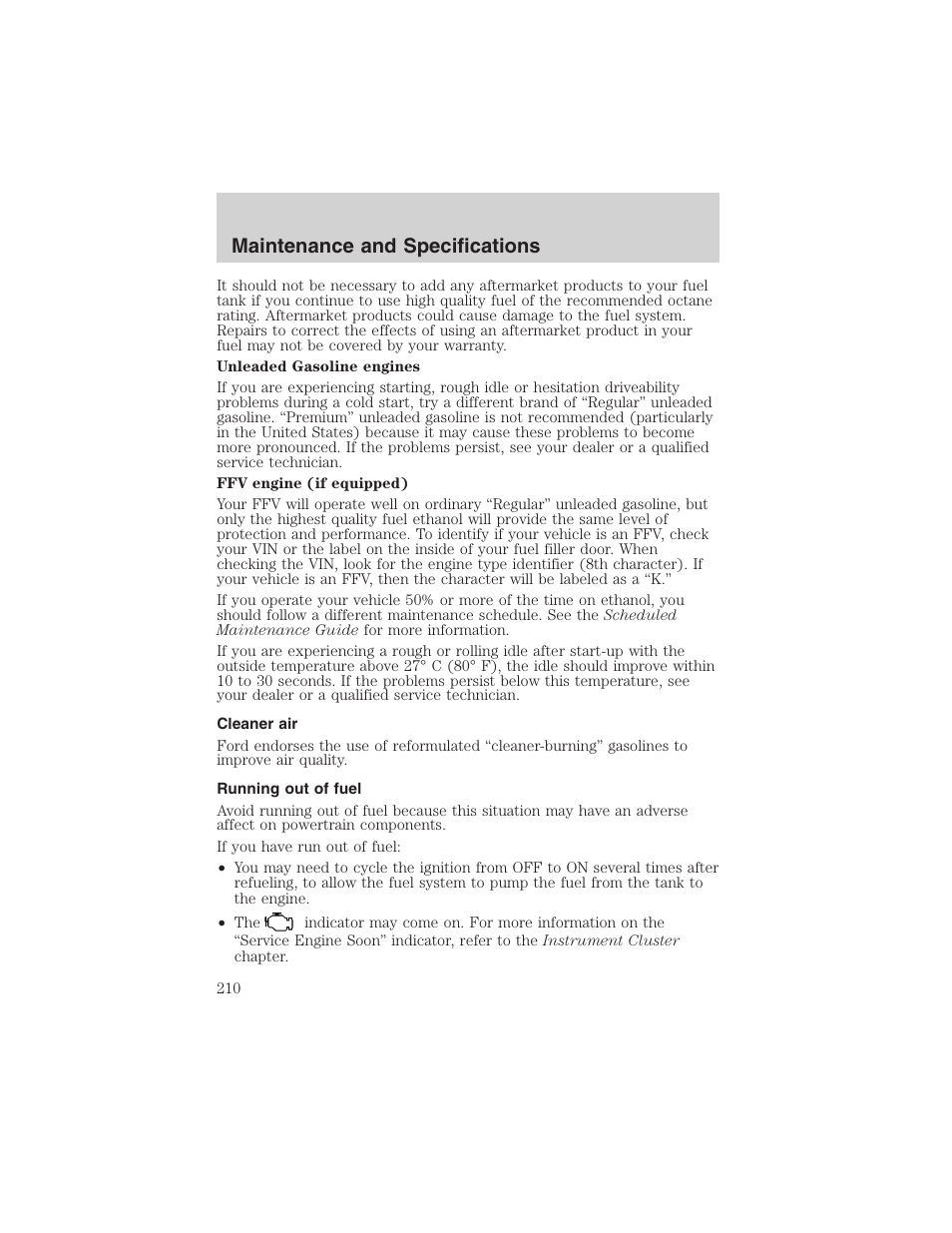 Maintenance and specifications | FORD 2002 Taurus v.4 User Manual | Page 210 / 240
