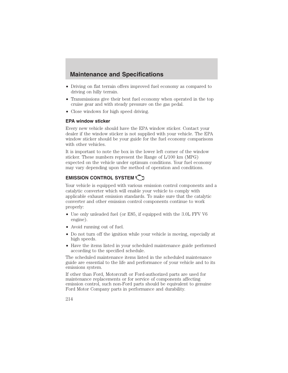 Maintenance and specifications | FORD 2002 Taurus v.4 User Manual | Page 214 / 240