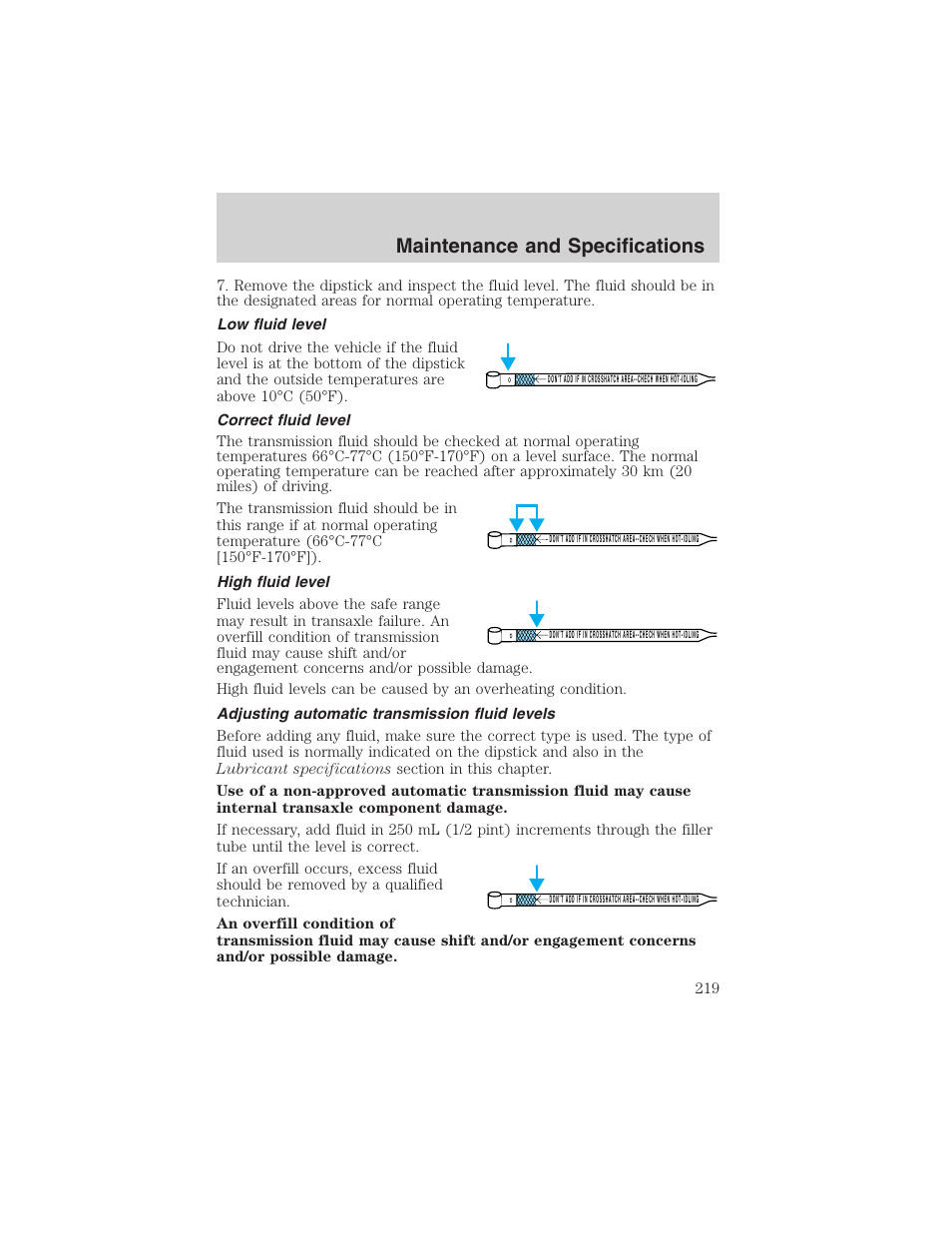 Maintenance and specifications | FORD 2002 Taurus v.4 User Manual | Page 219 / 240